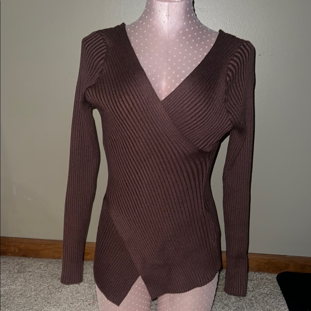 Brown Ribbed Wrap Sweater